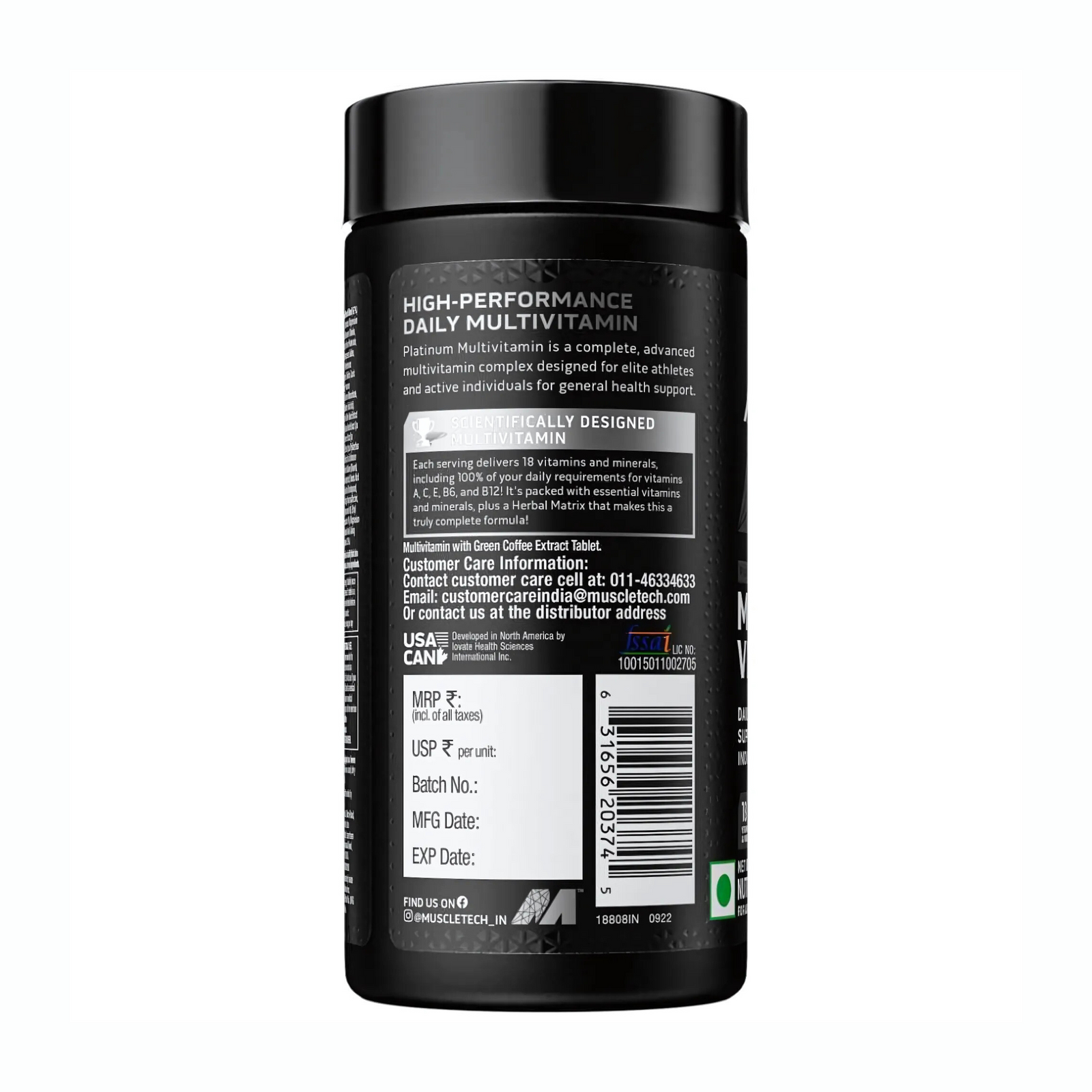 MuscleTech Platinum Multivitamin,Vitamin C for Immune Support,18 Vitamins & Minerals,60 Tablets, 150 grams