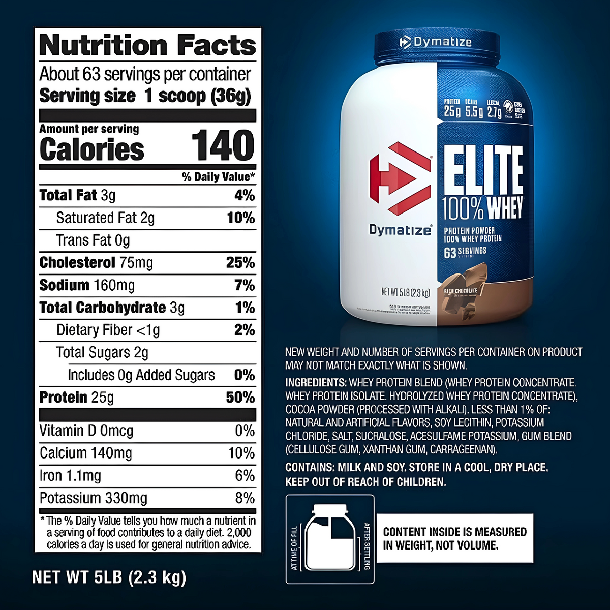 Dymatize Nutrition Elite 100% Whey Protein |Chocolate| 5 Lbs | 25g Protein
