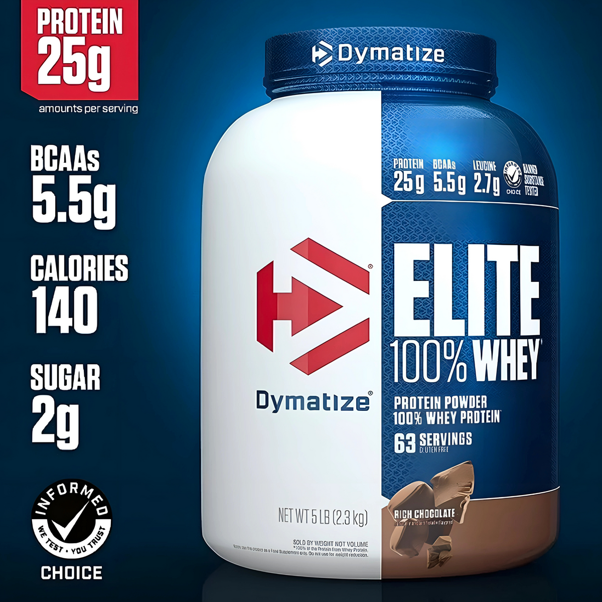 Dymatize Nutrition Elite 100% Whey Protein |Chocolate| 5 Lbs | 25g Protein