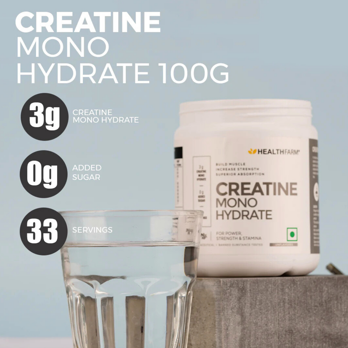 Healthfarm Muscle Creatine Monohydrate, (100g), 33 ser.