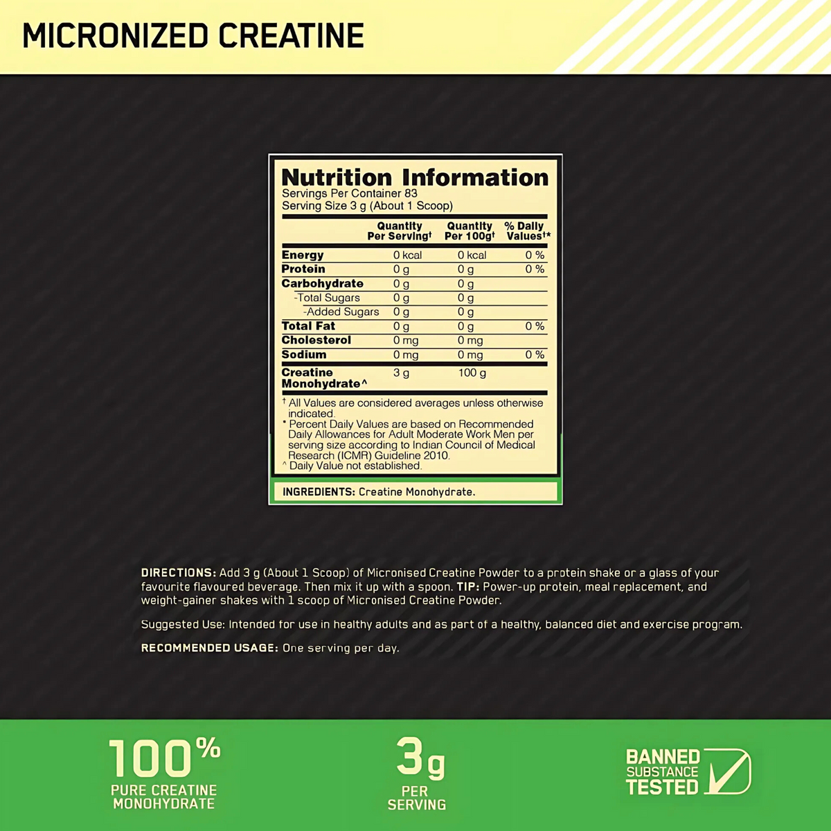 OPTIMUM NUTRITION MICRONISED CREATINE 250G (83 SERV)