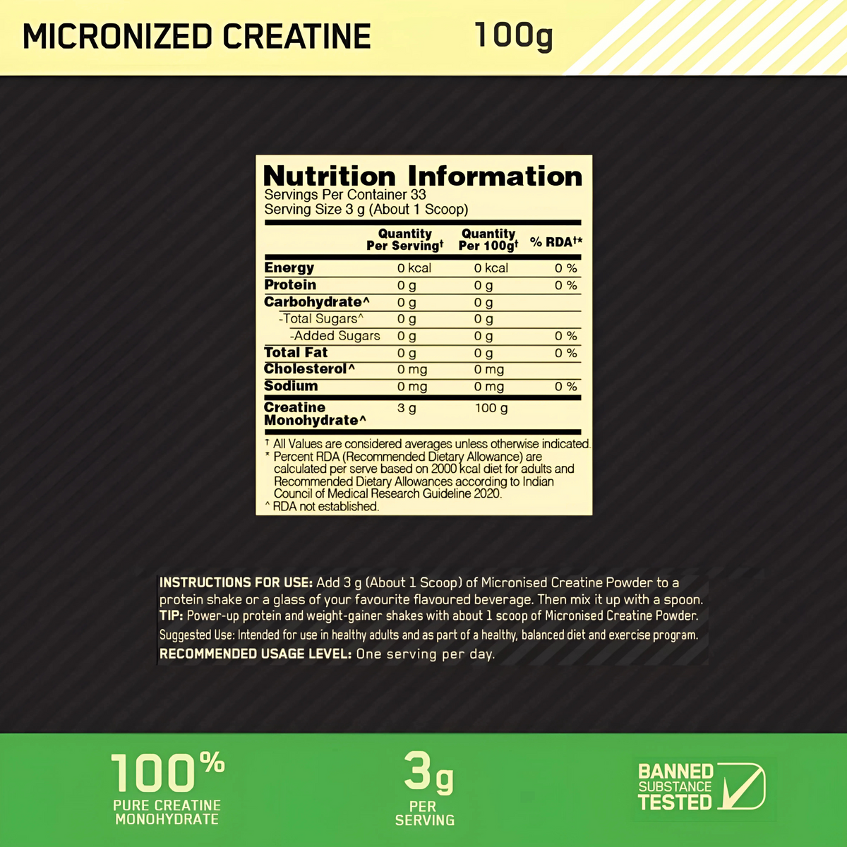 OPTIMUM NUTRITION MICRONIZED CREATINE 100G (33 SERV)